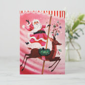  kerstkerstman uit 1950 op rendiercarrousel feestdagenkaart (Staand voorkant)