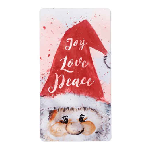 Kerstkerstman waterverf Santa Claus "Joy Love Peac Etiket (Voorkant)