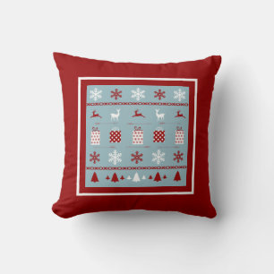 Kerstkeukenpatroon, wit, rood en blauw kussen