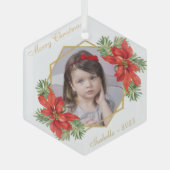 Kerstkind Foto van Poinsettia Pine Gold Script Glas Ornament (Voorkant)
