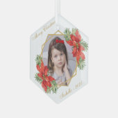 Kerstkind Foto van Poinsettia Pine Gold Script Glas Ornament (Voorkant links)