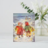 Kerstkinderen die in de sneeuw rondlopen feestdagenkaart (Staand voorkant)