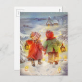 Kerstkinderen die in de sneeuw rondlopen feestdagenkaart (Voorkant / Achterkant)