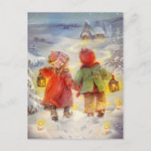 Kerstkinderen die in de sneeuw rondlopen feestdagenkaart (Voorkant)