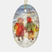 Kerstkinderen die in de sneeuw rondlopen keramisch ornament (Links)