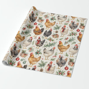 Kerstkippatroon Watercolor Kersthennen Cadeaupapier