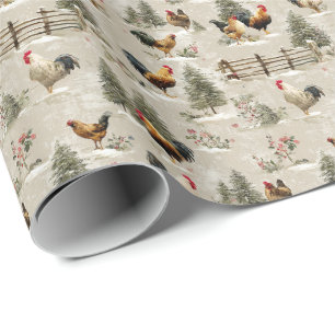 Kerstkippen en Hanen Boerderij Winterse Landschap Cadeaupapier
