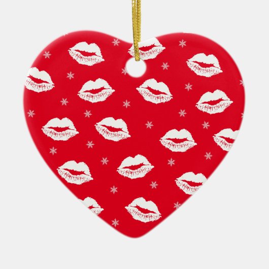 Kerstkisses rood en wit feestjes keramisch ornament (Voorkant)