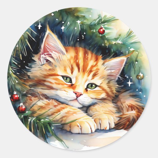 Kerstkitten dutten onder de boom ronde sticker (Voorkant)
