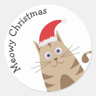 Kerstkitten, kat met kersthoed ronde sticker