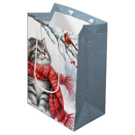 Kerstkitten met rode kardinaal medium cadeauzakje