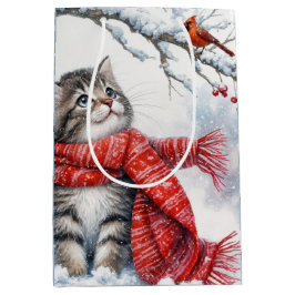 Kerstkitten met rode kardinaal medium cadeauzakje