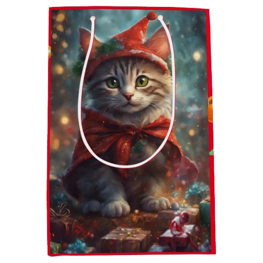 Kerstkitten rode kleine geschenkzak medium cadeauzakje (Voorkant)