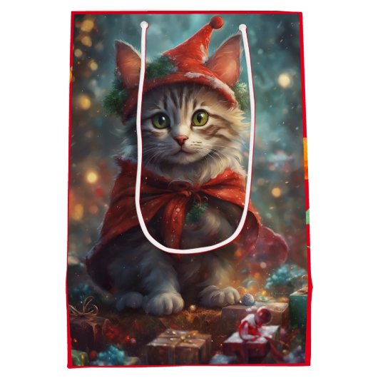 Kerstkitten rode kleine geschenkzak medium cadeauzakje (Achterkant)