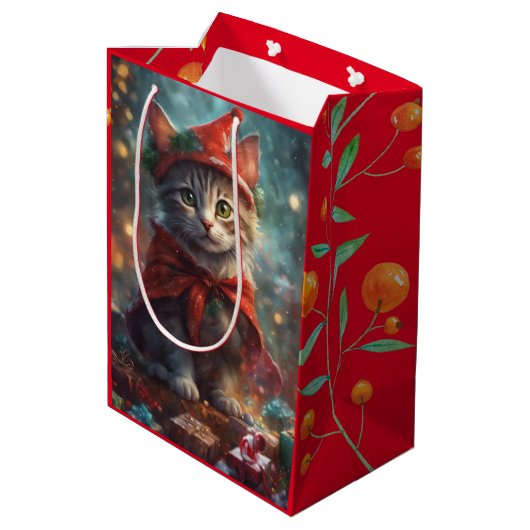 Kerstkitten rode kleine geschenkzak medium cadeauzakje (Achterkant Gekanteld)