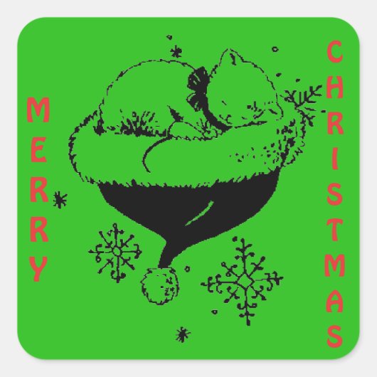 Kerstkitten slapen in Santa's Pet BW Design Vierkante Sticker (Voorkant)