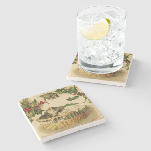 Kerstkittens en Holly Stone Onderzetter (Zijkant)