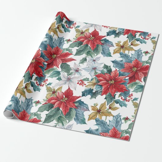 Kerstklassieker Poinsettia Cadeaupapier (Uitgerold)