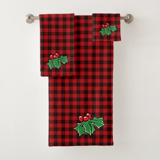 Kerstklassieker Red Plaid Holly bessen bladeren Bad Handdoek (Insitu)