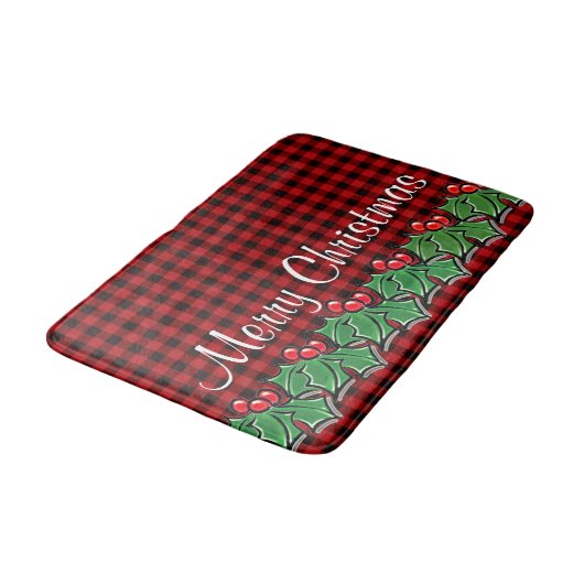 Kerstklassieker Red Plaid Holly bessen bladeren Badmat (Gekanteld)