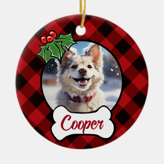 Kerstklassieker Red Plaid Holly bessen bladeren Keramisch Ornament (Voorkant)