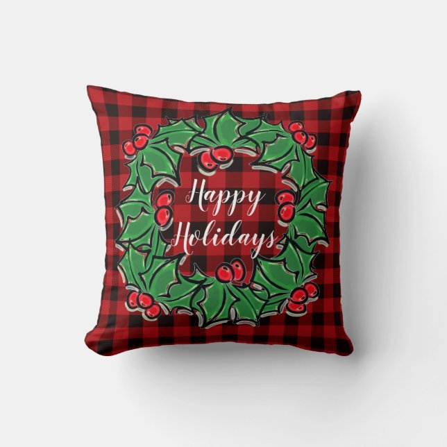 Kerstklassieker Red Plaid Holly bessen bladeren Kussen (Voorkant)