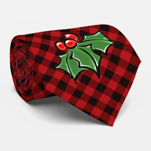 Kerstklassieker Red Plaid Holly bessen bladeren Stropdas (Opgerold)
