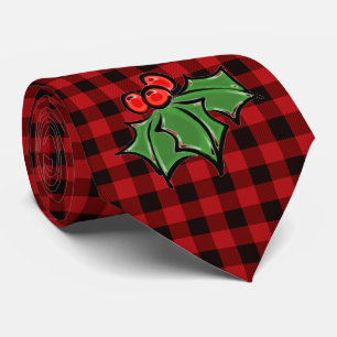 Kerstklassieker Red Plaid Holly bessen bladeren Stropdas