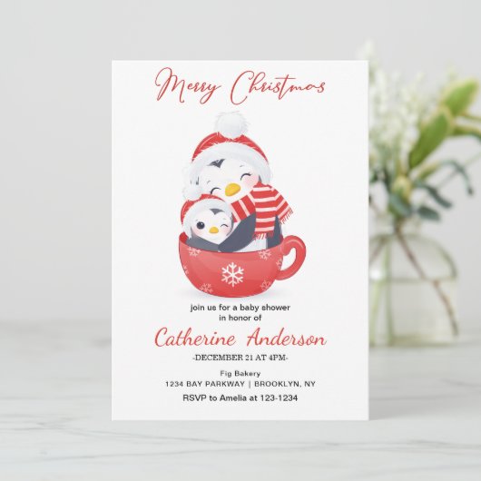 Kerstkleine pinguïns in een mok Baby shower in Kaart (Staand voorkant)