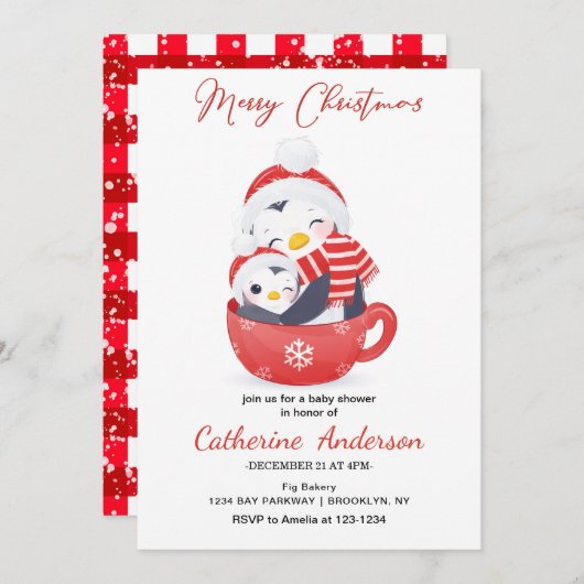 Kerstkleine pinguïns in een mok Baby shower in Kaart (Voorkant / Achterkant)