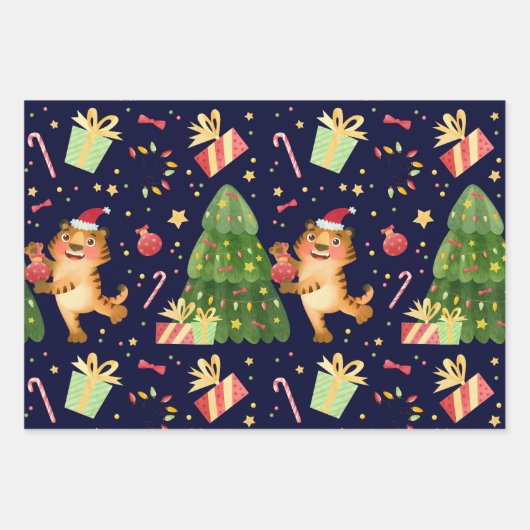 Kerstkleine tijger in de kerstboom - cadeaupatroon inpakpapier vel (Voorkant)