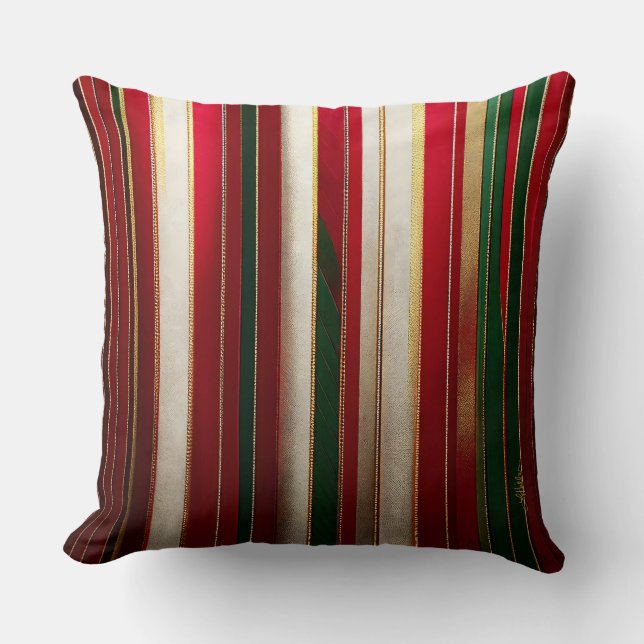 Kerstkleur Strepen Rood Groen Wit Goud Kussen (Voorkant)