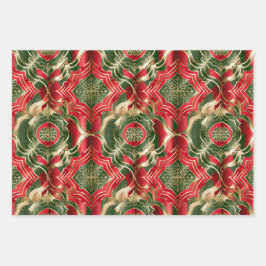 Kerstkleuren rood groen goud Damask naadloos Inpakpapier Vel