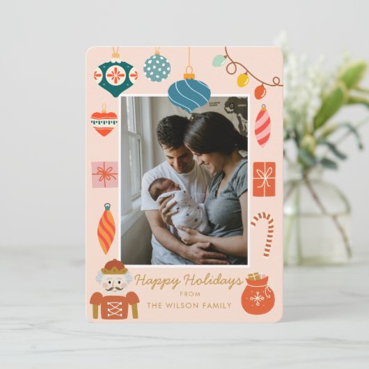 Kerstkleurig ornament Cute gezinsfoto Feestdagenkaart (Staand voorkant)