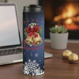 Kerstklokken Blauwe Sneeuwvlokken Thermische Tumbl Thermosbeker