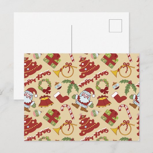 kerstklokken, boom- en kerstmannetjes briefkaart (Voorkant / Achterkant)