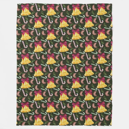 KERSTKLOKKEN CANDYCANES & COOKIES FLEECE DEKEN (Voorkant)