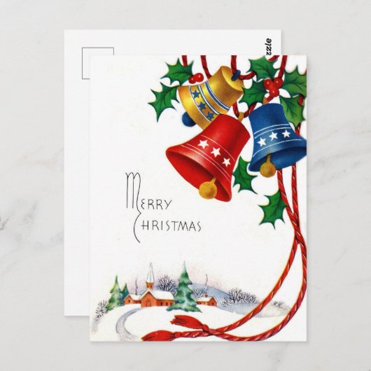Kerstklokken en dorpskerk op sneeuw  briefkaart (Voorkant / Achterkant)