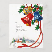 Kerstklokken en dorpskerk op sneeuw  briefkaart (Voorkant)