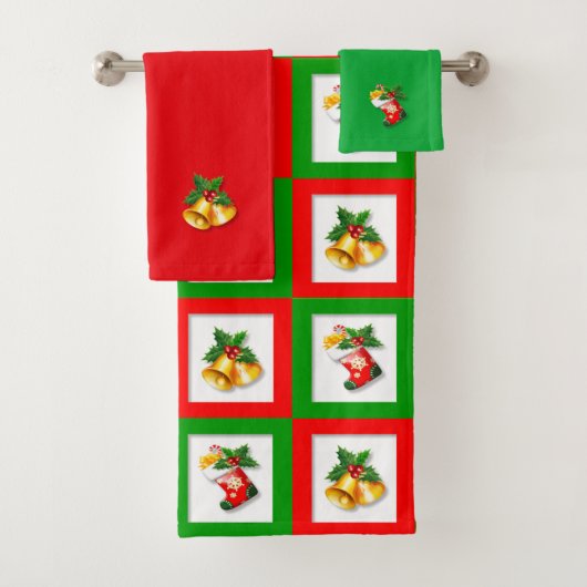 Kerstklokken en het uitzetten op groen, rood en wi bad handdoek (Insitu)