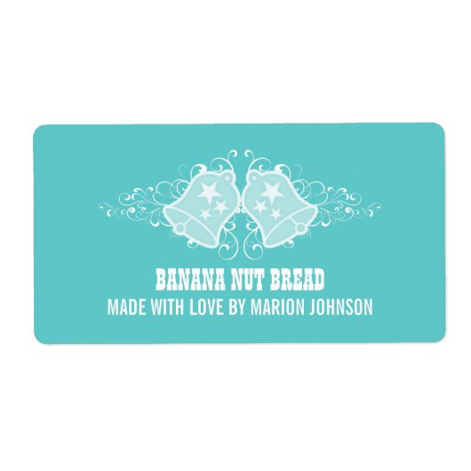 Kerstklokken en spiraalvormige baklabels, aqua etiket (Voorkant)