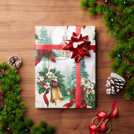 Kerstklokken lint Poinsettia Bloem Cadeaupapier (Feestdagen Geschenken)