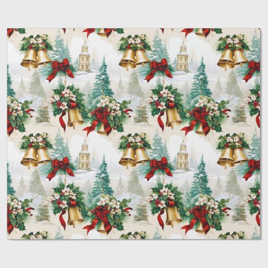 Kerstklokken lint Poinsettia Bloem Cadeaupapier (Vlak)