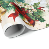 Kerstklokken lint Poinsettia Bloem Cadeaupapier (Rol Hoek)