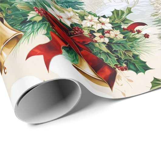 Kerstklokken lint Poinsettia Bloem Cadeaupapier (Rol Hoek)