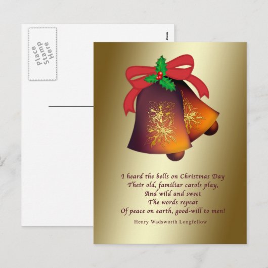 Kerstklokken op goud feestdagenkaart (Voorkant / Achterkant)