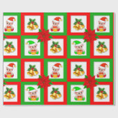 kerstklokken, poinsettia, elf op groen en rood cadeaupapier (Vlak)