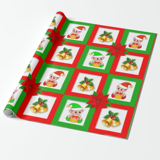 kerstklokken, poinsettia, elf op groen en rood cadeaupapier (Uitgerold)