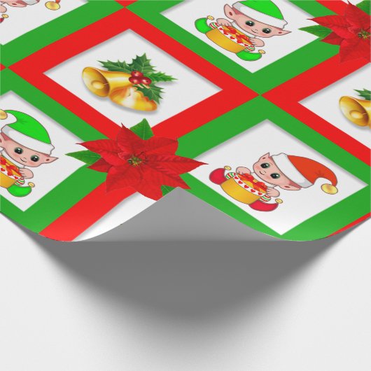 kerstklokken, poinsettia, elf op groen en rood cadeaupapier (Hoek)