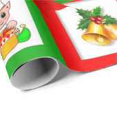kerstklokken, poinsettia, elf op groen en rood cadeaupapier (Rol Hoek)